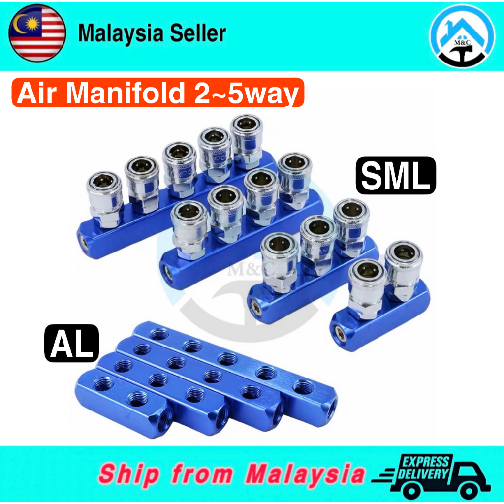 Collecteur D'air 8 Ports Avec Raccords 1/4" PT - Bloc De Distribution 5 Voies - Pour Circuit Pneumatique Bleu