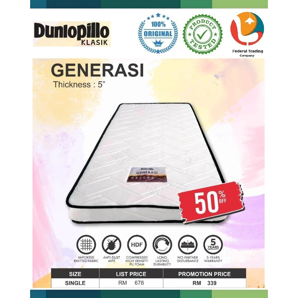Dunlopillo Klasik Generasi Orthorest Single Bed 5" inch Compressed High