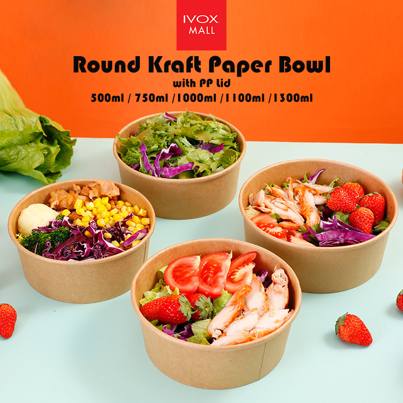 Round Food Kraft Paper Bowl with Clear PP Plastic Lid / Packaging ...