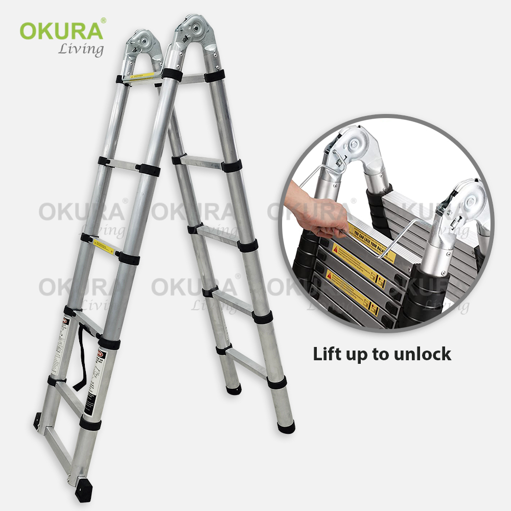 OKURA Multipurpose Telescopic Aluminum Ladder 3.2m/3.8m/4.4m Extendable ...