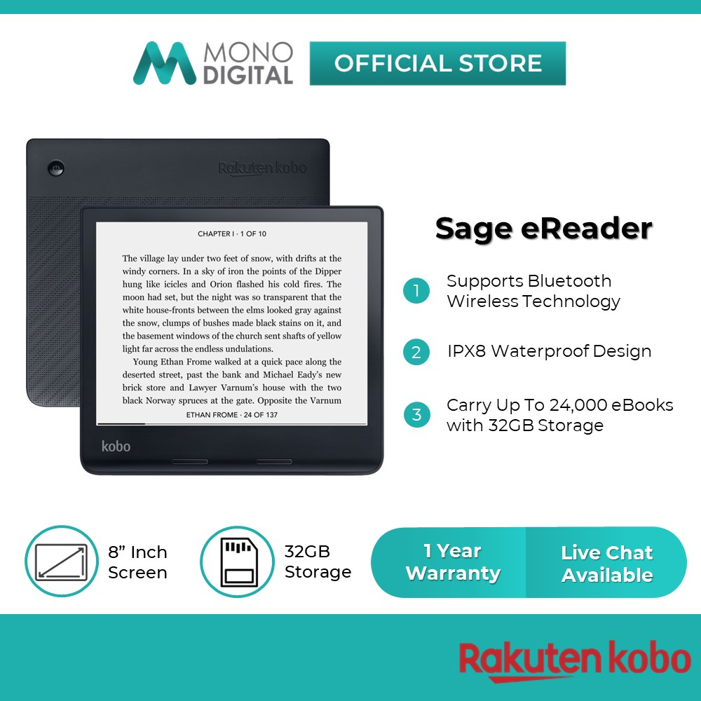 Rakuten Kobo Sage eReader Glare Free Touchscreen Waterproof Blue Light ...