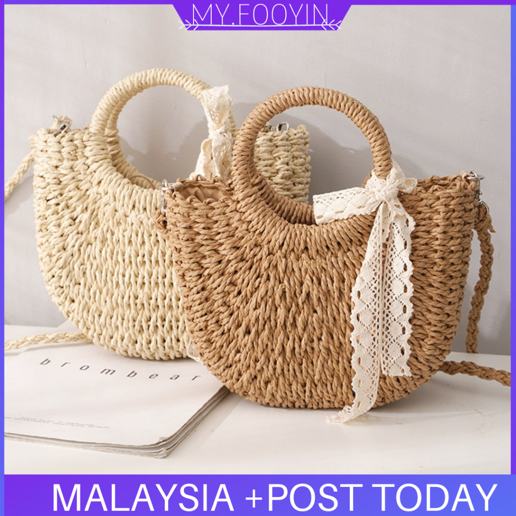 N348 READY STOCK Summer Half Moon Handmade Straw Shoulder Crossbody Bags for Women Small Rattan