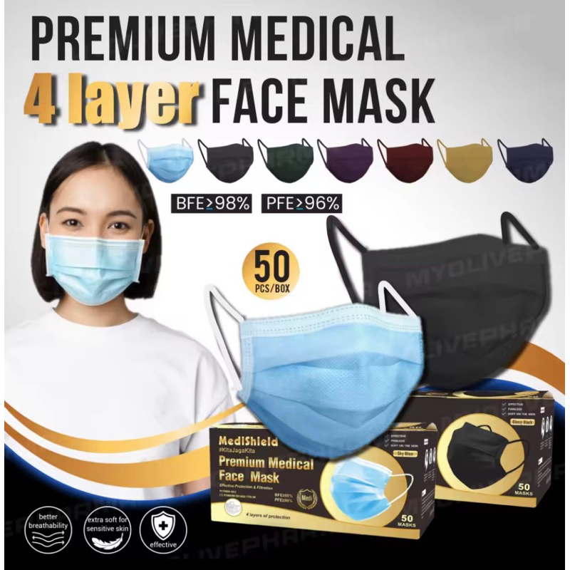 🔥Medical Face Mask 4ply 50pcs🔥MEDISHIELD 4ply Colour Mask Premium high
