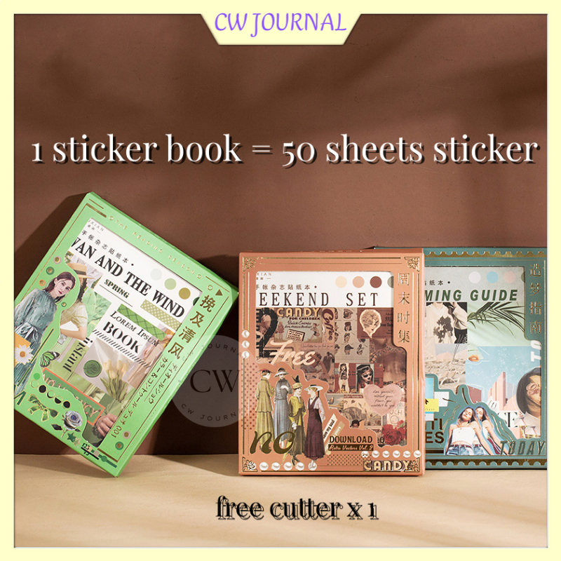 CW Journal Retro Magazine Material Sticker Book 50 Sheets DIY Handbook ...