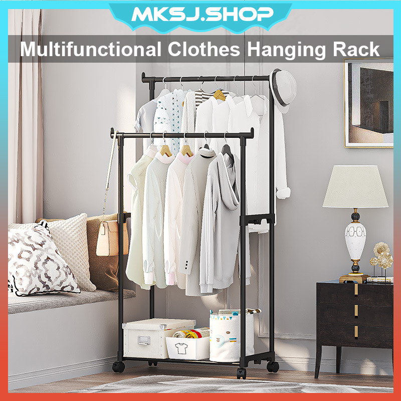 Single/Double-Pole Clothes Hanging Rack Laundry Cloth Drying Rack ...