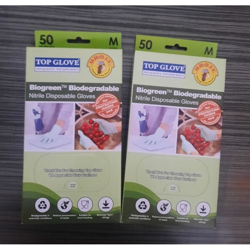 TOP GLOVE Biogreen Biodegradable Nitrile Disposable Gloves M sizes 50