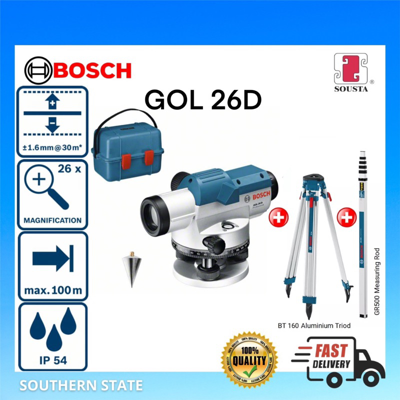 BOSCH OPTICAL LEVEL GOL26D PROFESSIONAL F.O.C TRIPOD & MEASURING ROD ...