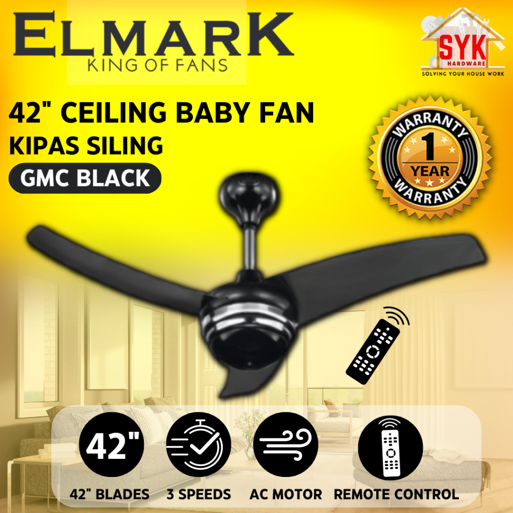 SYK ELMARK GMC Black 42" Ceiling Baby Fan Small 3 Blades Remote Control