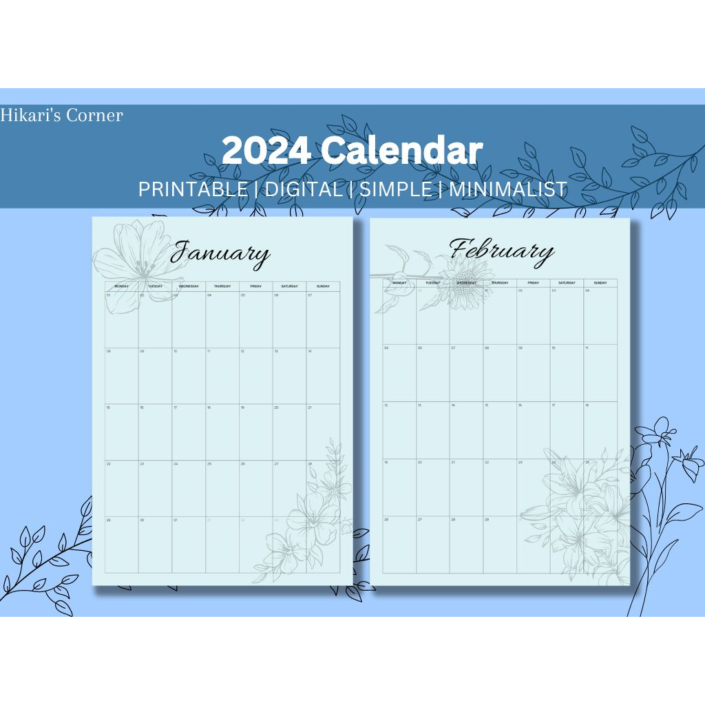 2024 Floral Bloom Calendar Portrait Printable PDF Editable