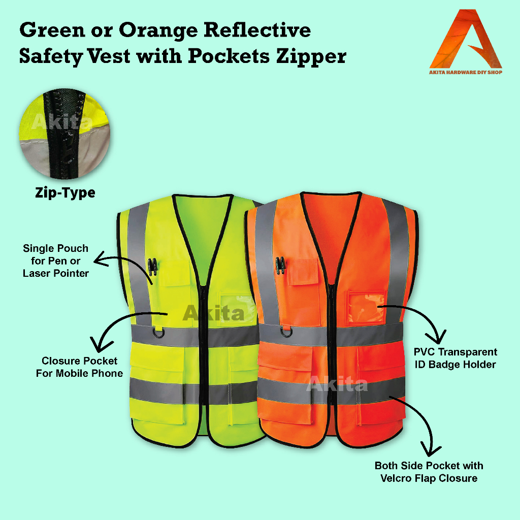 Green Orange Safety Vest With Four Line Visible Reflective Line Pocket Zipper Type Put ID Badge Unisex Men Women Shopee Malaysia