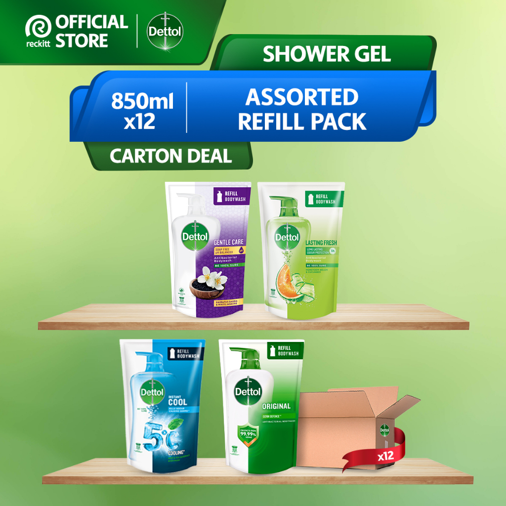 Dettol Shower Gel/Antibacterial Body Wash Refill Pouch (850ml x 12