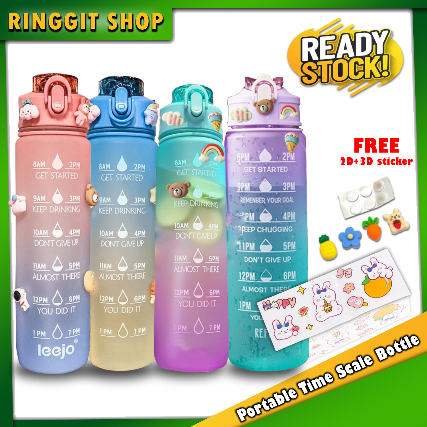 Ringgit Shop 1L Gradient Water Bottle Cute Portable Time Scale Bottle