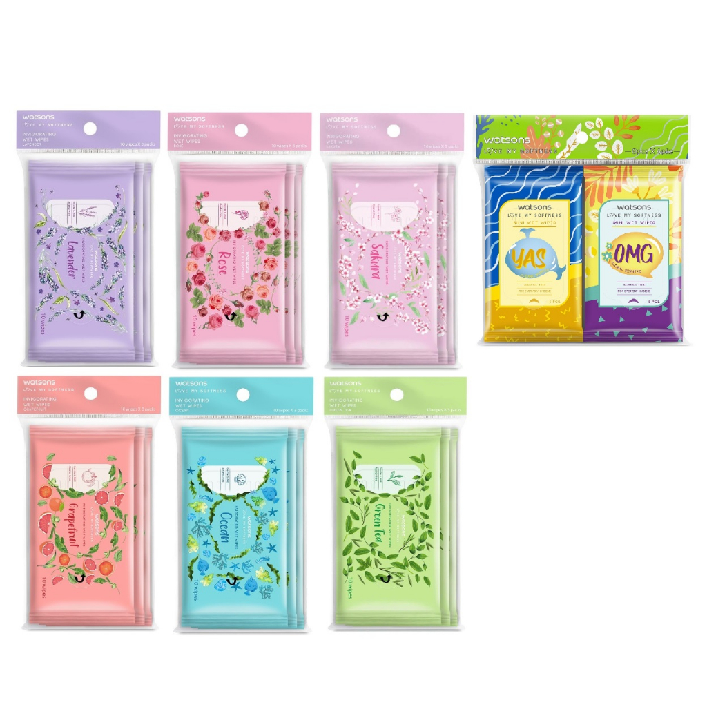 Watsons Watson Wet Wipes Tissues 10s x 3 Lavender/Rose/Sakura/Ocean