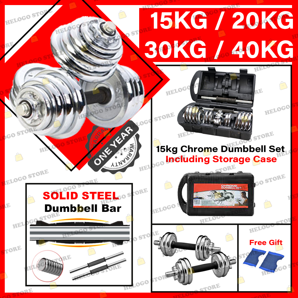 Ready Stock 15kg 20kg 30kg 40kg Chrome Dumbbell Set Durable