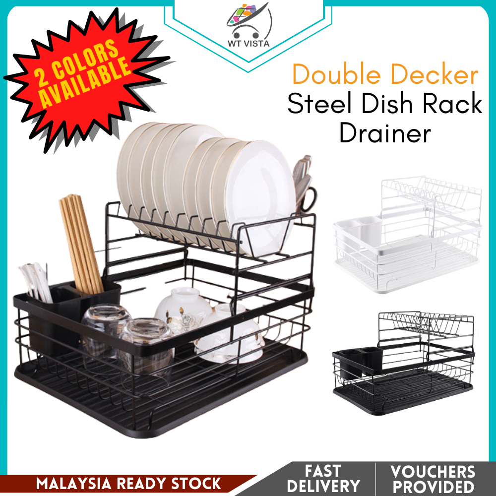 Dish Rack Double Decker Steel Dish Drainer with Drain Tray 2 Tiers