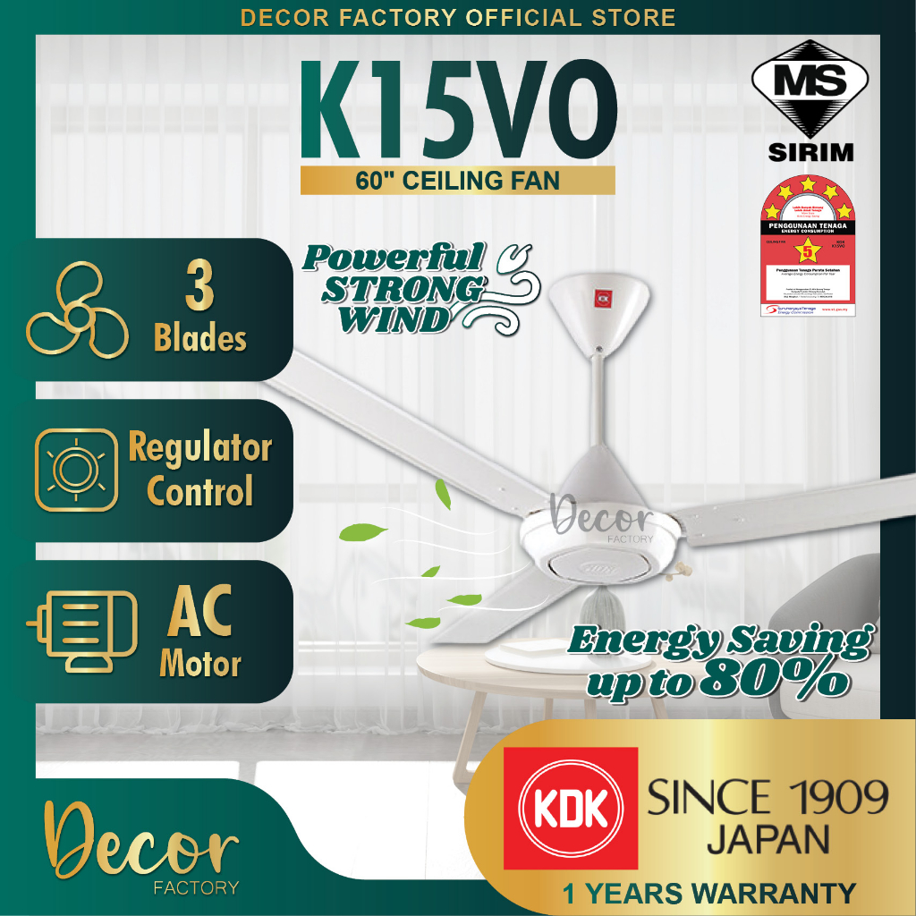 KDK K15VO 60'' 3 Blades AC Motor With 5 Speed Regulator Control White