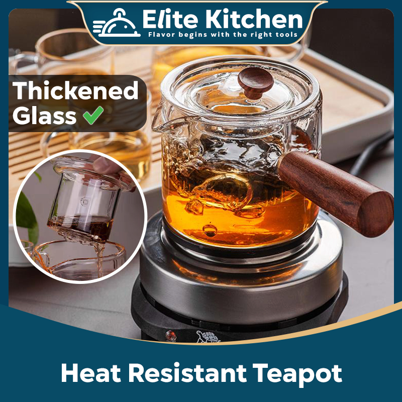 Elite Kitchen Heat Resistant Stovetop Glass Teapot Tea Infuser Wooden
