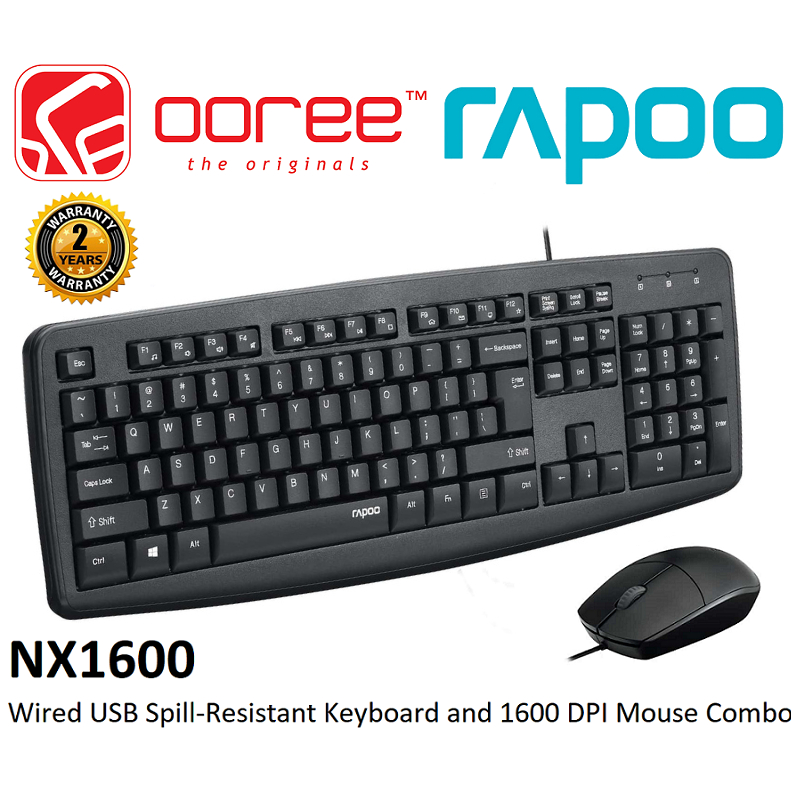 RAPOO NX1600 WIRED SPILLRESISTANT KEYBOARD & 1600 DPI SENSOR MOUSE