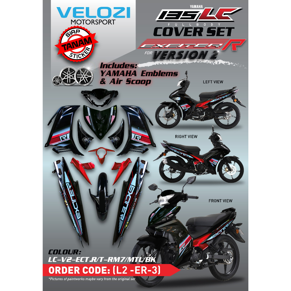 MALIBU COVERSET YAMAHA LC LC135 V2 EXCITER R RM7 BLACK RED HITAM MERAH