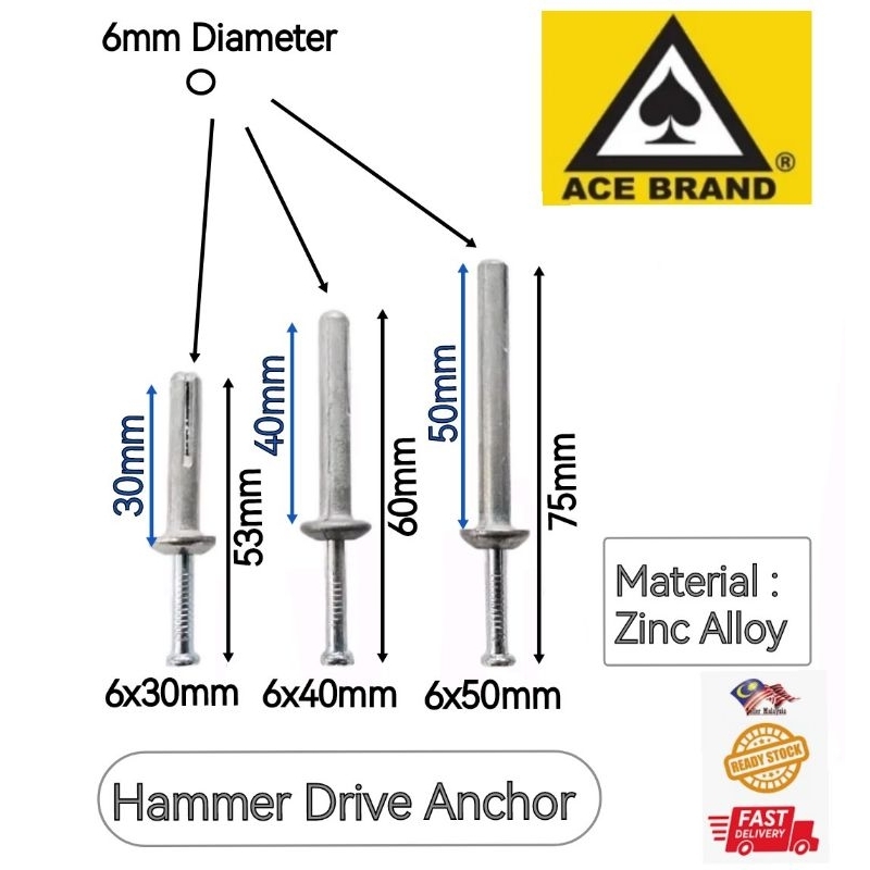 **Ready Stock** (20 / 50pcs) ACE Zinc Alloy Hammer Fixing Drive Anchor