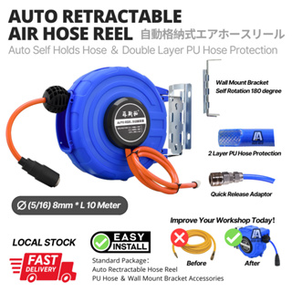 Air Hose Reel Auto Retractable High Pressure 2 Layer PU Hose Quick Release  Adaptor Ready Stock