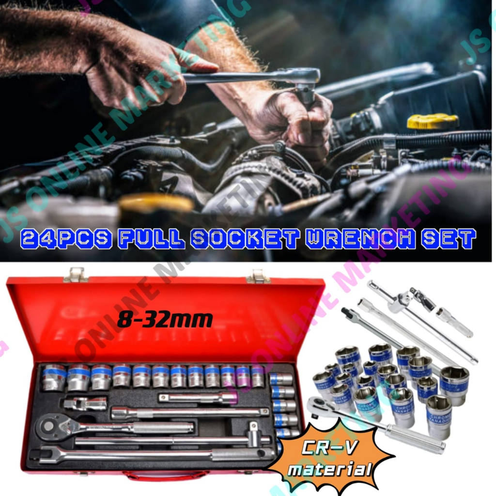 ~JS~ 24Pcs CR-V BOX SOCKET Spanner Ratchet Socket Wrench Set Box Hand ...