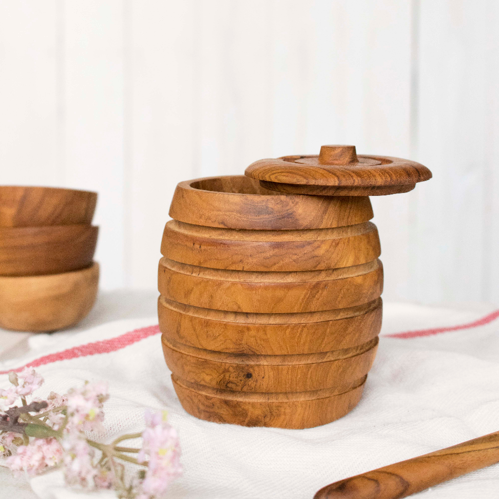 JackCreatus Teakwood Solid Honey Jar Pot Container With Dipper Handmade ...