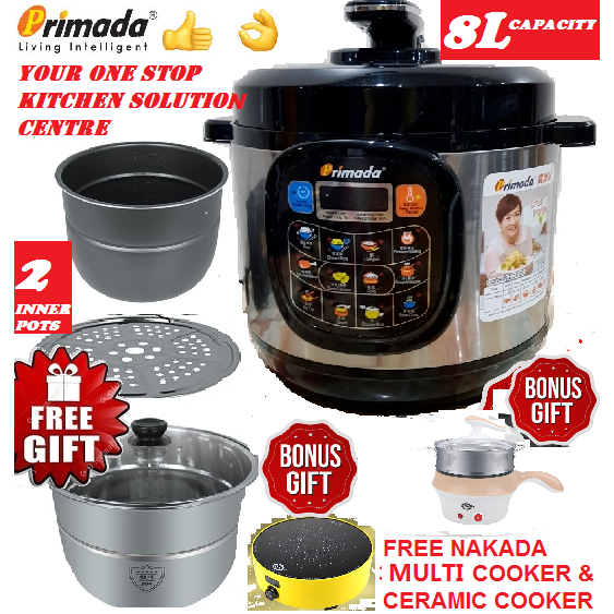 Primada Jumbo 8L Pressure Cooker NK8030 1 NON STICK POT FREE 1 S STEEL POT 1 MINI MULTI COOKER 1 CERAMIC COOKER Shopee Malaysia