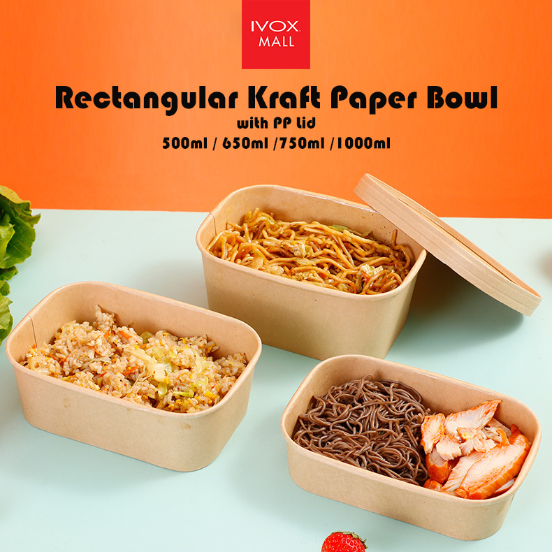 Rectangular Food Kraft Paper Bowl with PP Plastic Lid / Packaging