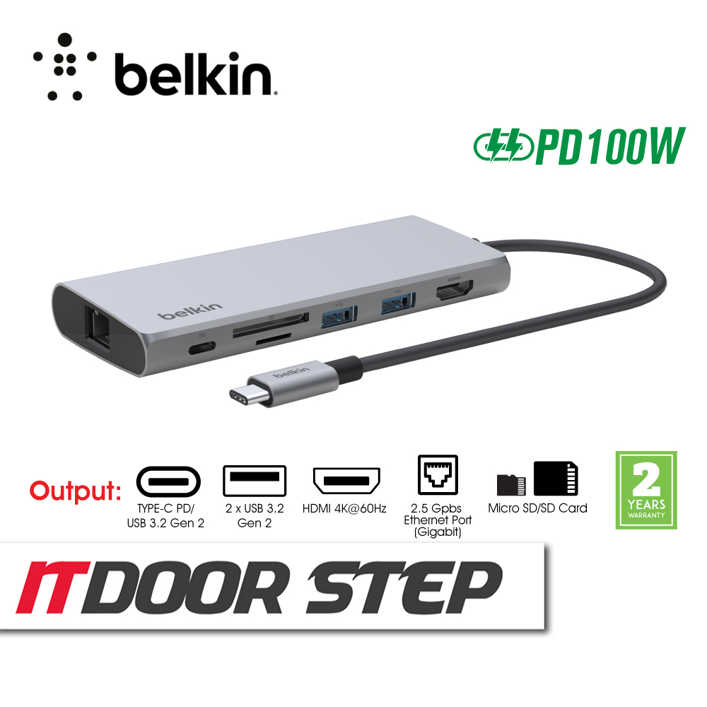 BELKIN INC009btSGY USB-C 7-in-1 Multimedia Hub Adapter with PD 100W ...