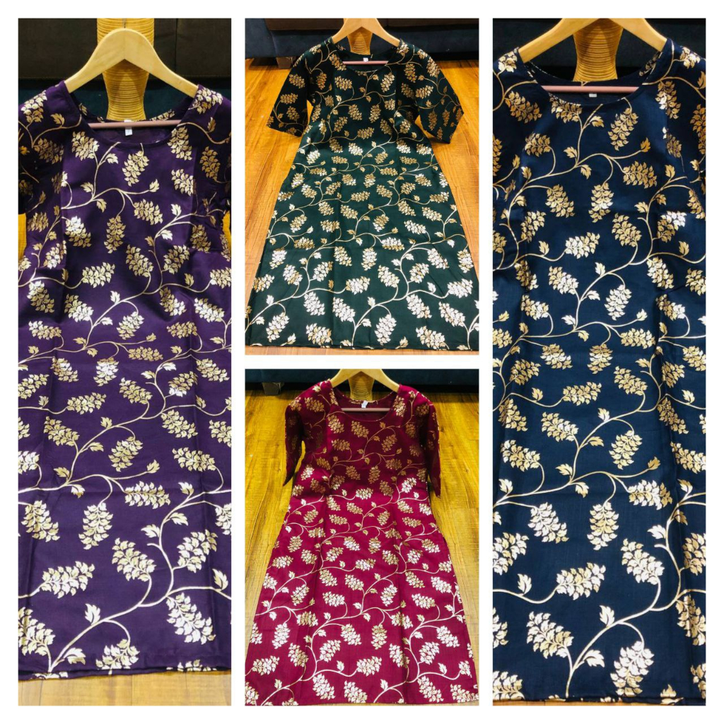 Embroidered Rayon Foil Print Kurti - LTT19 Beige & Pink main image 0