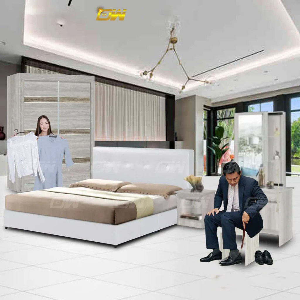 Whitewash 4 Feet Sliding Door Wardrobe Bedroom Set / Queen Size Divan ...