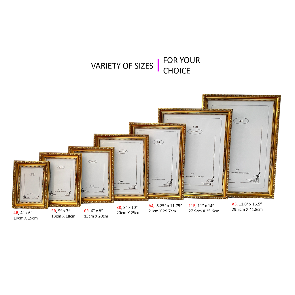 Photo Frame Size 4R / 5R / 6R / 8R / A4 / 11R / A3 - Gold Color(1pc ...