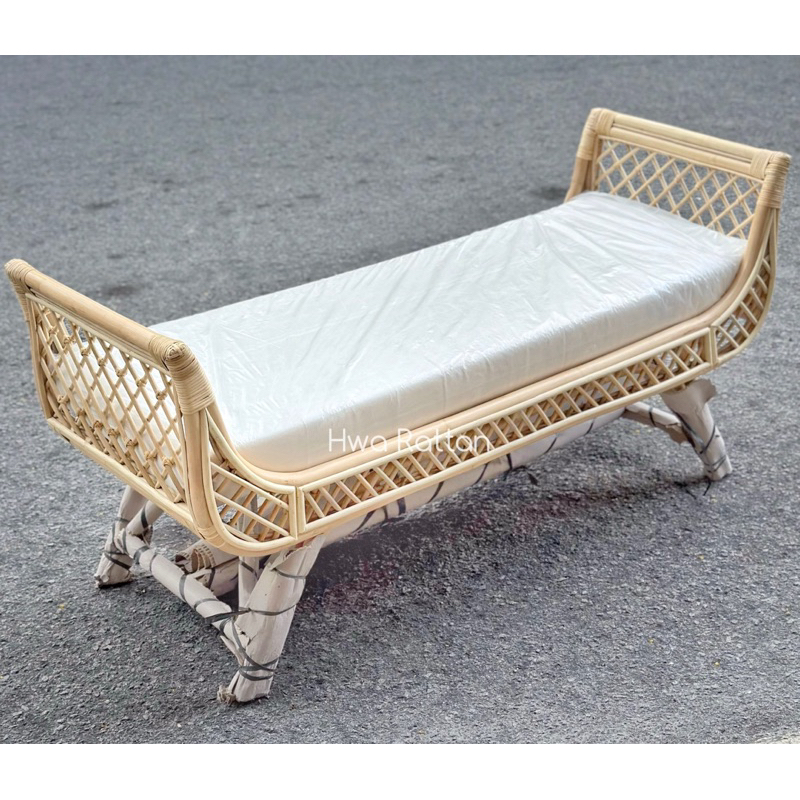 Rattan sofa lounge chair w cushion Rattan long bench webbing Pelamin ...