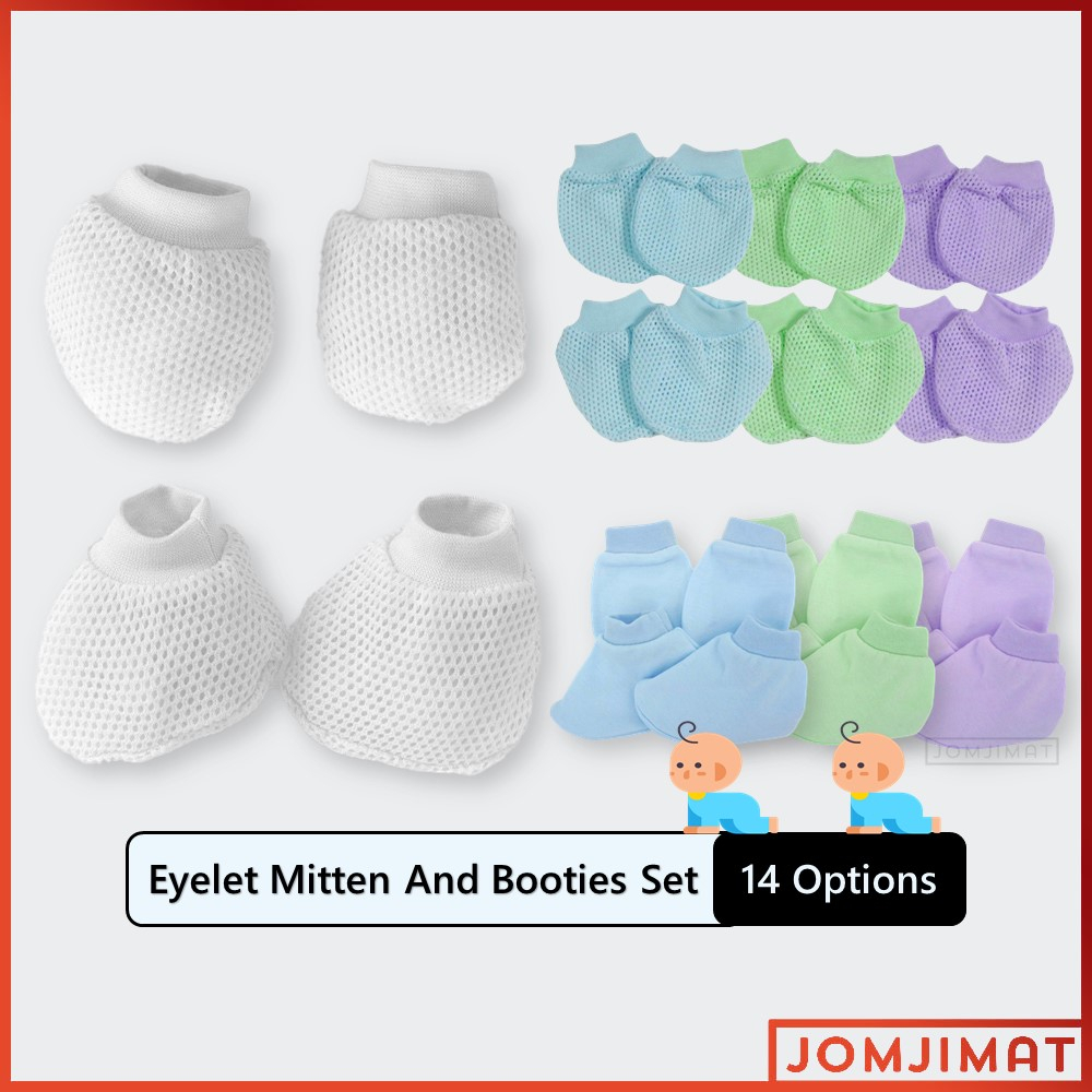 Newborn Baby Mitten And Booties Set Eyelet Cotton Colour / Cotton Sarung Tangan Bayi Baru Lahir