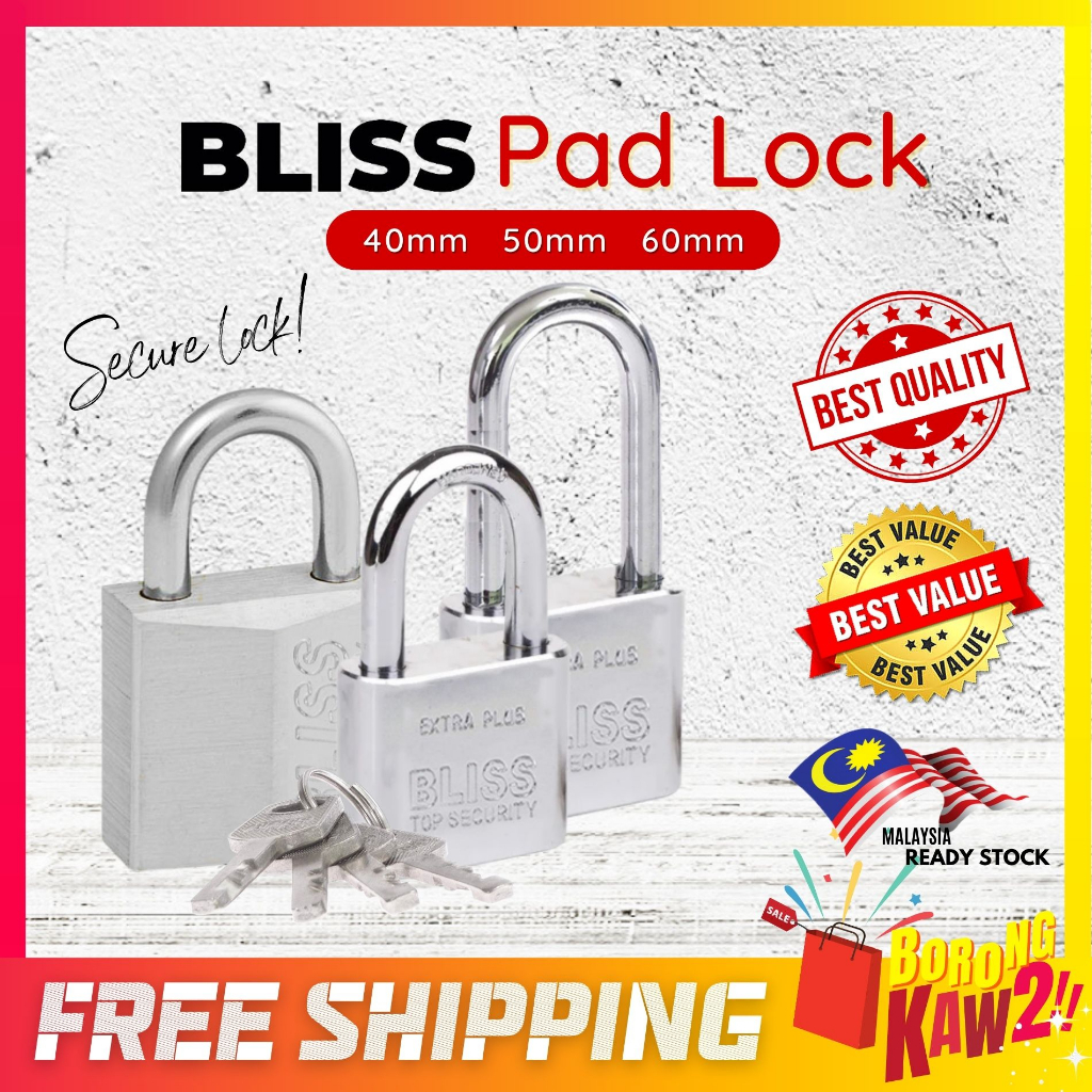 BLISS Chrome Padlock Long Shackle Heavy Duty Diamond Pad Lock Anti Rust ...
