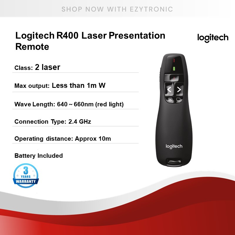 Logitech R400 Laser Presentation Remote 2.4GHz USB 3 Year Warranty