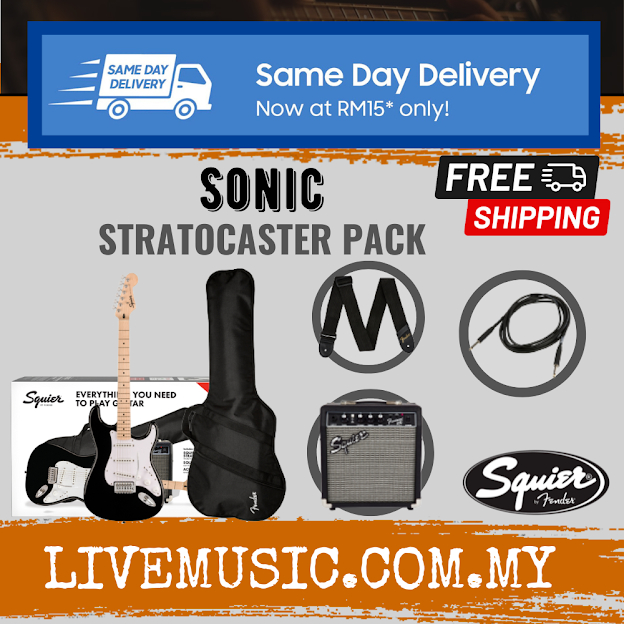 Squier Sonic Stratocaster Pack w/Gig Bag, Maple FB, 10G, 230V UK, Black