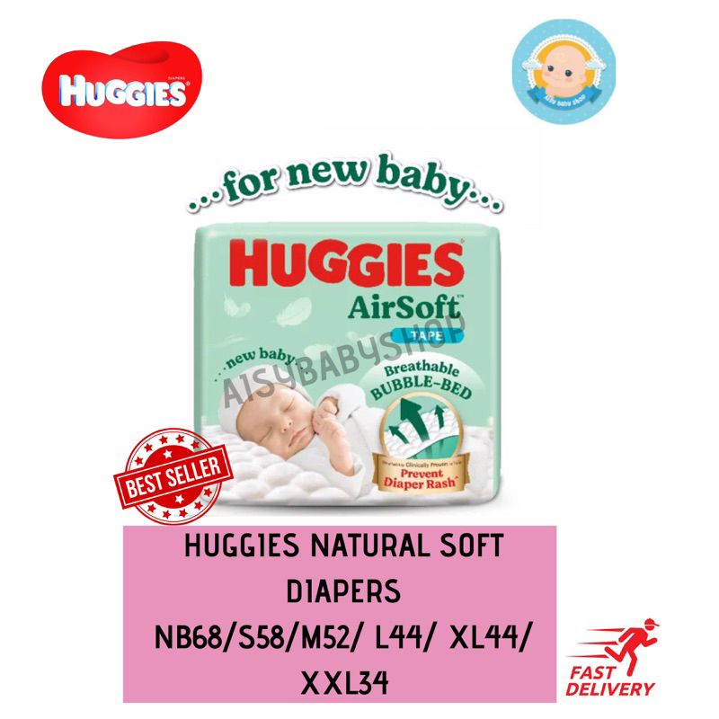 Huggies Ultra AirSoft Diapers tape (NB68/S58/M52/L44/XL38/XXL32) New