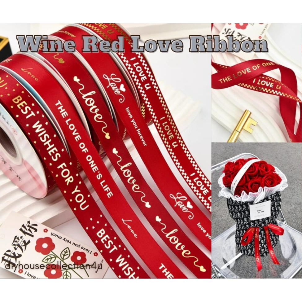 (5 Meter) Width 2cm Bronzing Love Wine Red Satin Ribbon Gift Wrapping ...