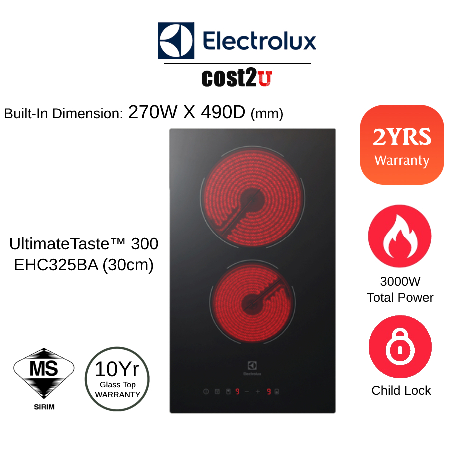 Electrolux Domino 30cm UltimateTaste 300 Builtin Ceramic Hob EHC325BA (Radiant Hob 2 Burner