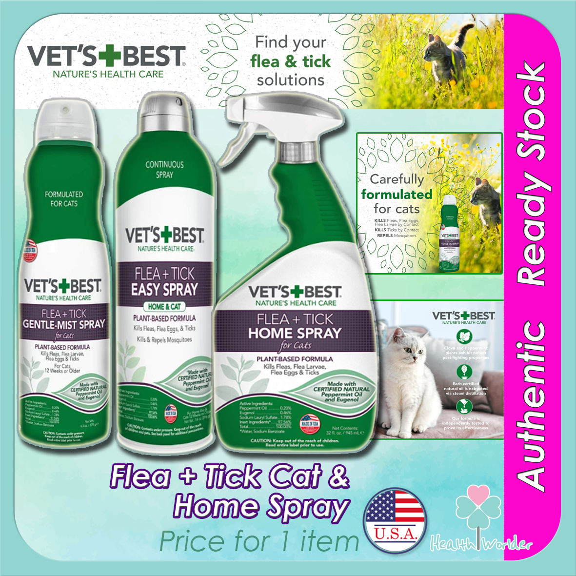 Image showcasing Vet's Best Flea and Tick Home Spray for Cats - Flea Treatment for Cats ...
