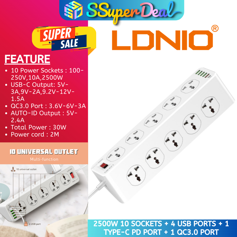 Ldnio SC10610 2500W 10 Sockets + Type-C PD + QC3.0 6 USB Ports Desktop ...