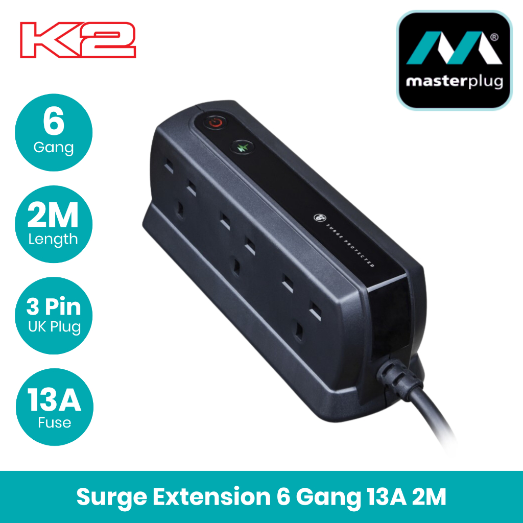 MASTERPLUG Surge Extension Lead 6 Gang Sockets 2M Length Extension