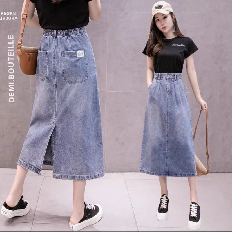 Denim skirt mid-length skirt summer women's new high-waisted elastic ...