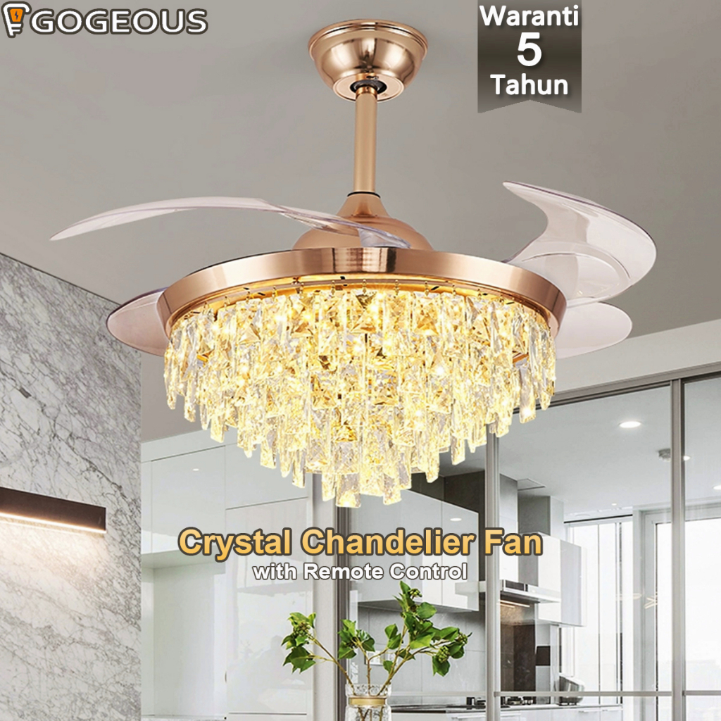 GOGEOUS Ceiling Fan With Light Luxury Crystal Chandelier Fan Nordic
