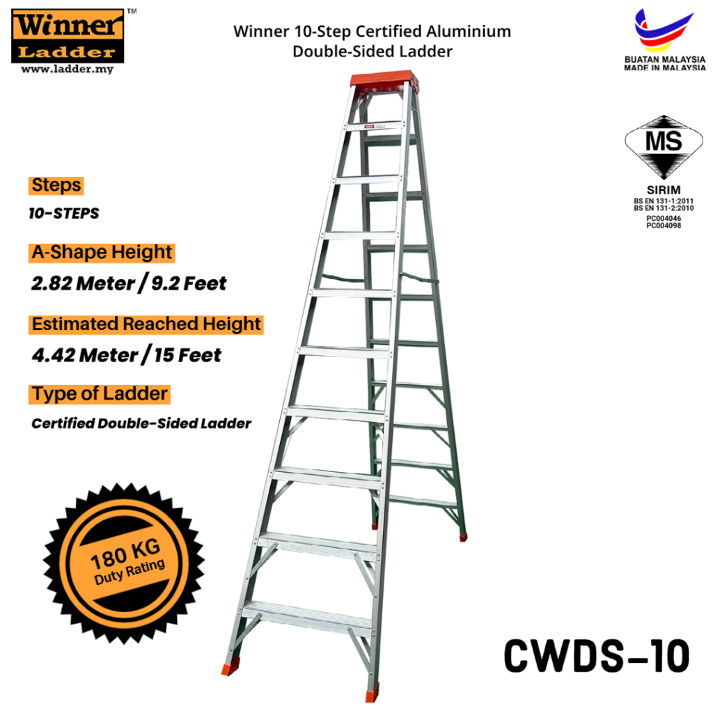Sirim Winner Ladder 10 Step Heavy Duty Certified Aluminium Double