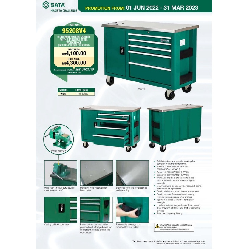 Sata 95208V4 FIVE DRAWER ROLLER CABINET WITH STAINLESS STEEL WORKBENCH ...