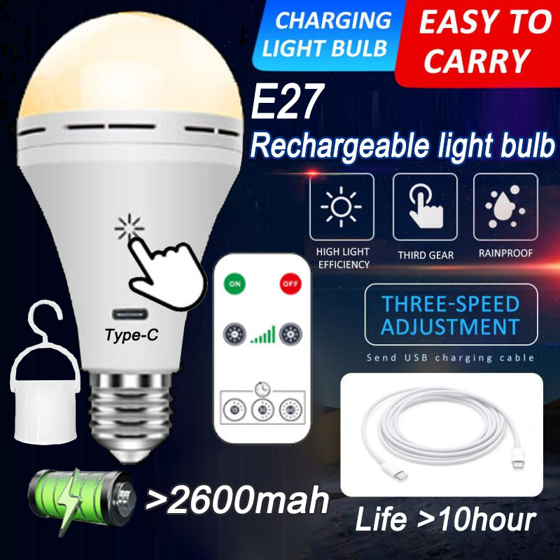 2600mAh USB C Light Bulbs Remote Control E27 Dimmable Portable Emergency lamp  Home Power Outages for Home Outdoor Camping