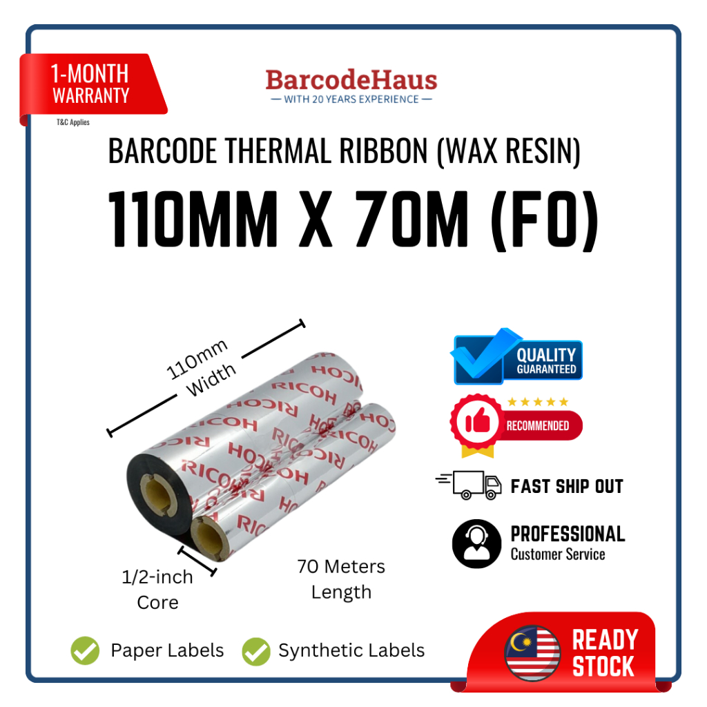 Zebra Gx430t Barcode Printer Ribbon Roll Gx430t Wax Based Carbon Tape Size 110mm X 70m Shopee 6307
